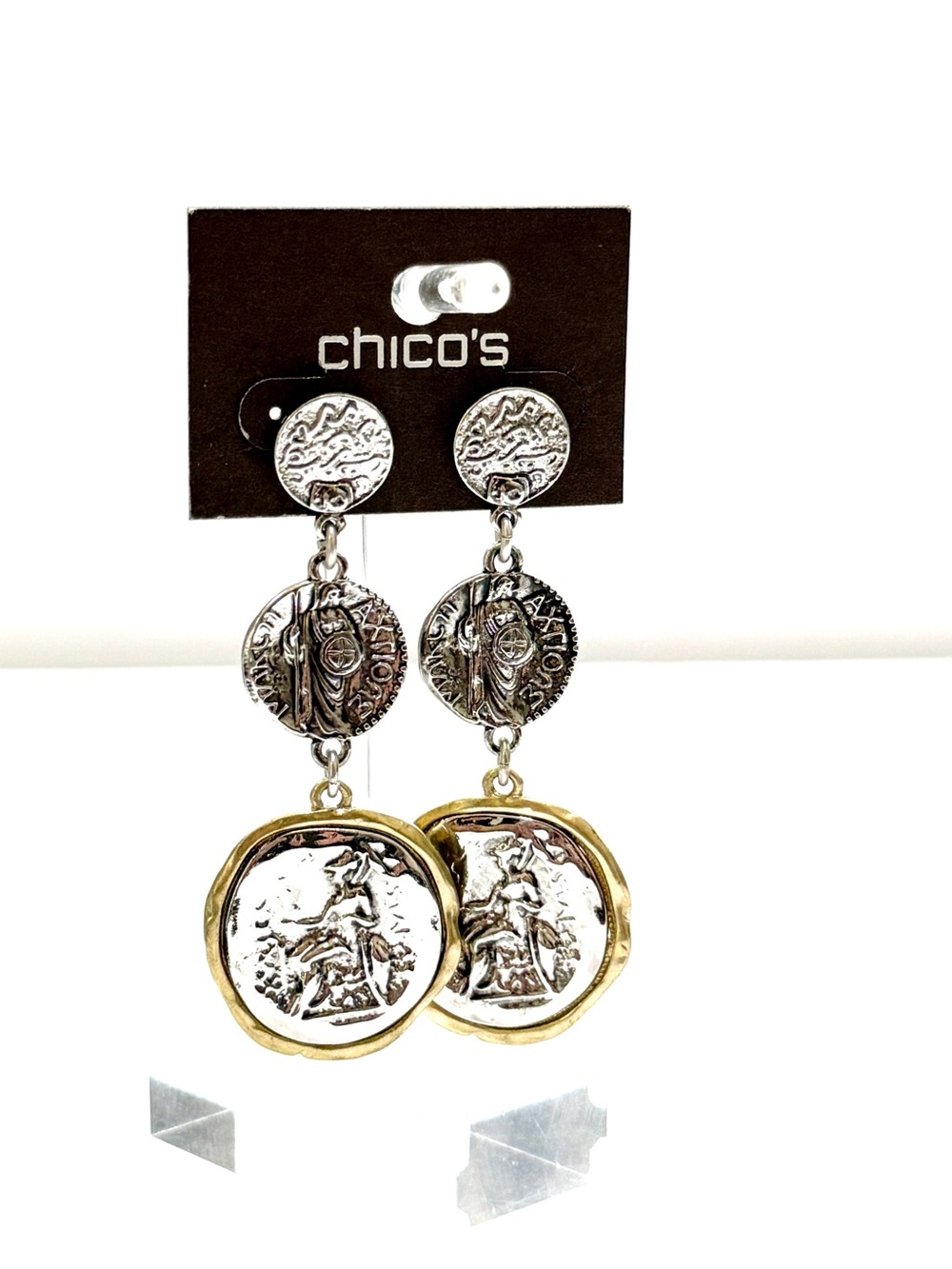 CHICO’S Roman Coin Drop Earrings Gold Silver Mixed Metal | NWT